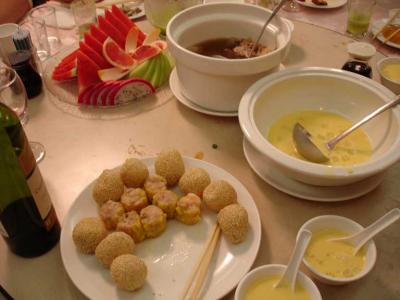Stewed chicken in a pot, dim sum siu mai, green tea balls, cold mango soup (YUM!!!)