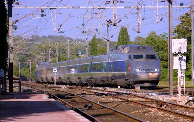 A TGV Sud-Est crossing the station of Carnoules.