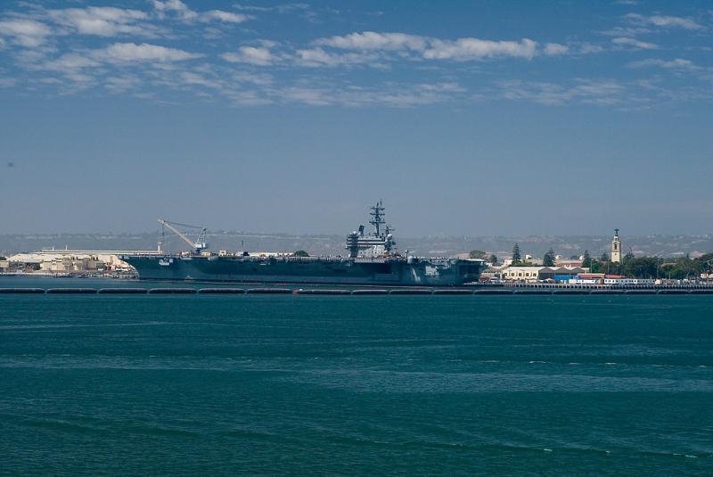 View of the USS Ronald Reagan CVN 76 from the flight deck of the USS Midway