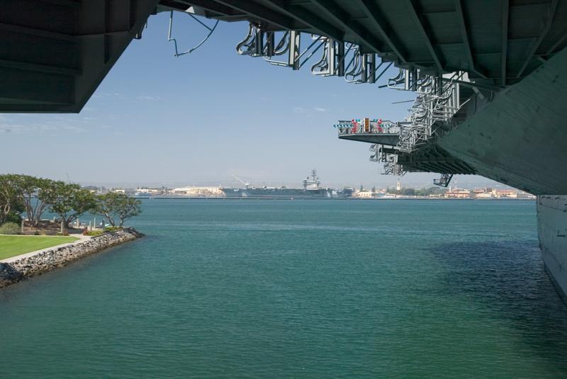 View of the USS Ronald Reagan from the elevator on the USS Midway