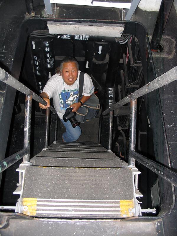 Climbing the stairs in the Island to get to the Primary Flight Control