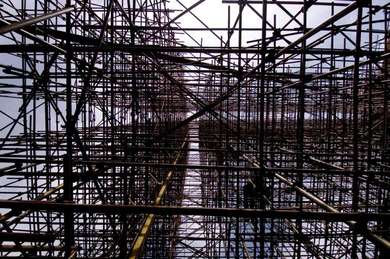 Underneath scaffolding