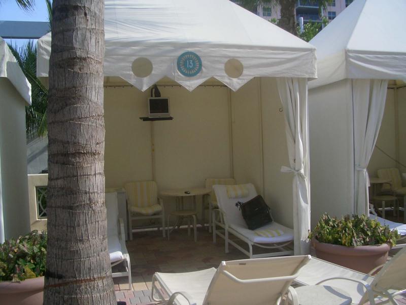 Suitcase finds a litle shade in a poolside cabana