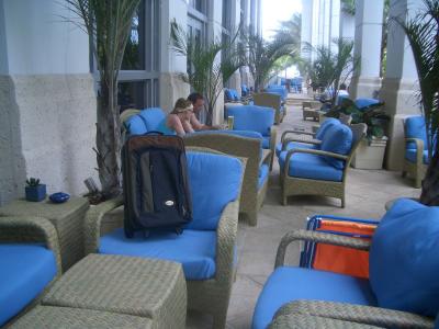 Suitcase enjoys the hotel veranda
