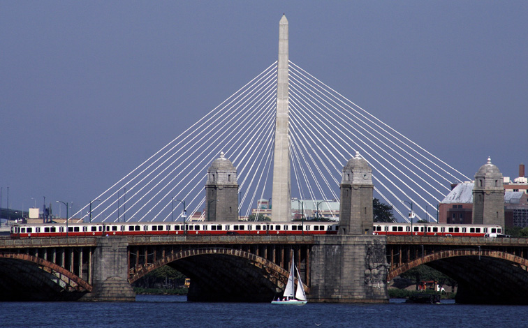 Zakim Bridge, Longfellow Bridge, and Red Line Train
