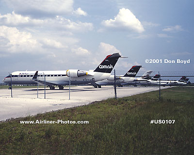 2001 - some of Comair's fleet of Canadair Regional Jets grounded during pilots strike aviation airline stock photo #US0107