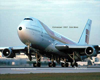 1997 - Iberia B747-256B EC-GAG Calderon de la Barca takeoff at Miami aviation airline stock photo #EU9702