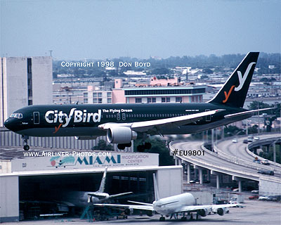 1998 - City Bird B767-33A/ER OO-CTQ Falcon landing at Miami aviation airline stock photo #EU9801