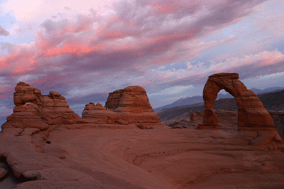 Delicate Arch and pink clouds