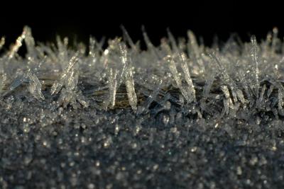 Close up of frost on the deck railing