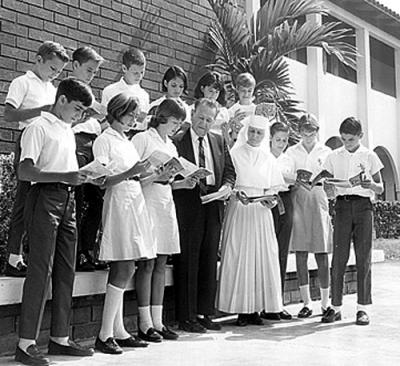 1960, 1968 or 1969 - Immaculate Conception students read to long-time Mayor of Hialeah Henry Milander (see comments for names)