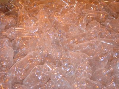 clear PET bottles in a gaylord