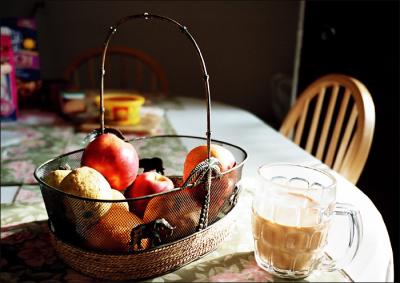 Fruit basket and cup of tea