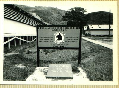 Hooch Sign at 1st & 3rd MPBN, Camp David Land near DaNang. Handlers hooches to the right. Hill 327 in background.