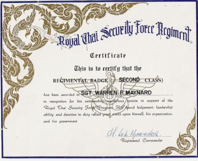 Royal Thai Security Force Regiment Certificate