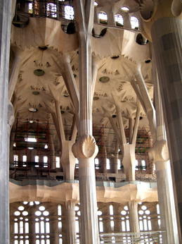 Interior of La Sagrada Famlia (unfinished): Columns used to avoid using buttresses and designed to represent trees (a forest).