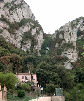 Funicular cars passing on the tracks to and from the hermitage of Sant Joan