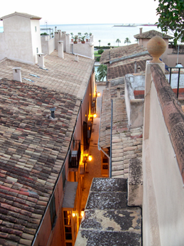 Street (Carrer de Miramar) where our hotel is located, as seen from our hotel's terrace. The Mediterranean is in the background.