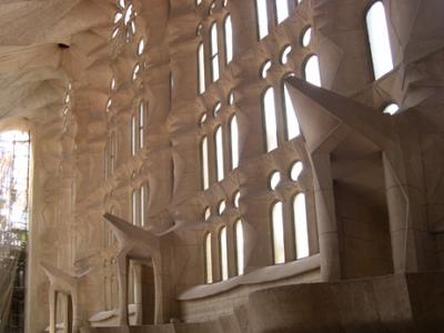 Interior of La Sagrada Famlia (unfinished): Lots of windows (larger at the bottom than at the top) to illuminate the interior.