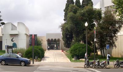 Judy (white top) in front of the Fundaci Joan Mir. Has many works by Joan Mir - great 20th century Catalan surrealist.