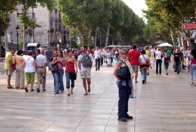 Judy on Las Ramblas in late morning.  Wall to wall people here in the afternoon and evening here.
