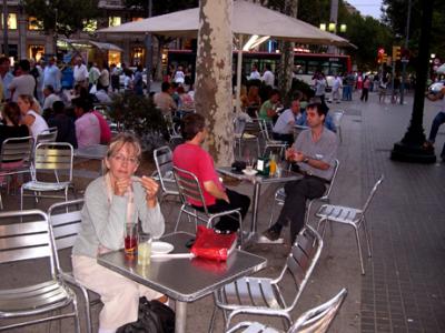 Judy having a drink at an outdoor cafe on Las Ramblas - evening