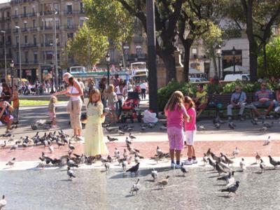 Plaa de Catalunya: Feeding pigeons. The girl in yellow has a pigeon sitting on each hand.