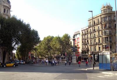 Northern tip of Las Ramblas, looking south. Perhaps the most well known street in Barcelona.