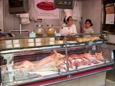 A meat stand in Mercat de la Boquera off of Las Ramblas.