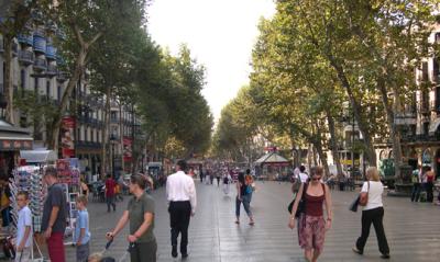 Las Ramblas in the morning. Wall to wall people here in the afternoon and evening.
