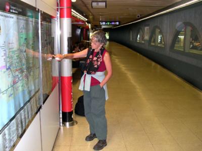 1st of 3 trains to Montserrat: Judy on the subway station at Plaa de Catalunya, Barcelona - going to the Av. Carrilet station.