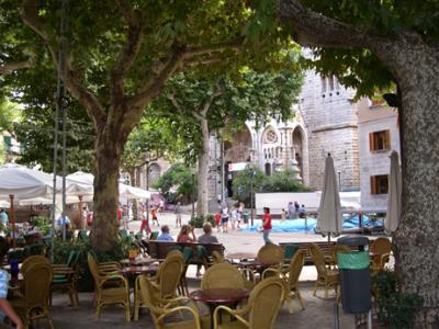 A plaza in Sóller. Sóller is north of the Serra de Tramuntana (mountain range) & near the north coast of Mallorca.
