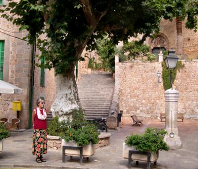 Judy on a small plaza in Fornalutx on the island of Mallorca