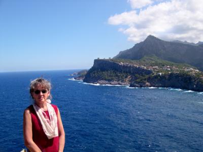 Judy on the north coast of Mallorca near Port de Sóller. The water of the Mediterranean Sea typically was a deep blue.