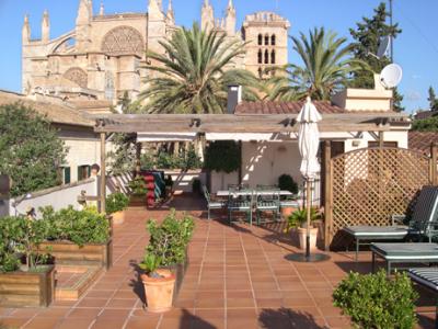 The terrace at our hotel, the Palacio Ca Sa Galesa. The cathedral (La Seu) is in the background.
