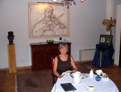 Judy having coffee at our hotel, the Palacio Ca Sa Galesa in the Old Quarter of Palma.