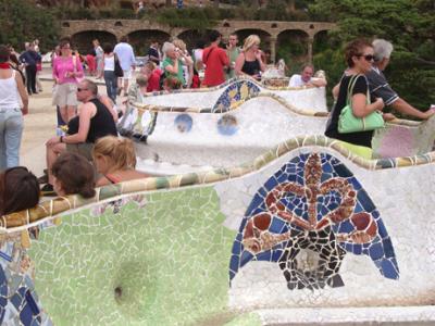 Wave-like benches in La Plaa del Teatre Grec - covered with shards of ceramics. Thought to resemble dragon protecting the park.
