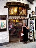 Judy in front of Mesn del Caf on Carrer de la Libretera - one of the oldest coffee houses in the Gothic Quarter.