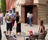 Judy having coffee in front of Torre Galatea, an annex of the Teatre-Museu Dal (the Salvador Dal Theater/Museum)