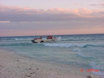 Saw this amphibious vehicle bring a crew to service the tower.  Boat was about a quarter mile offshore.