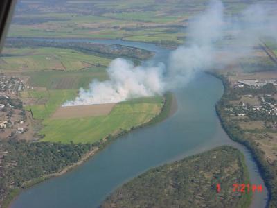 Once airborne, saw some sugarcane fields burn outside of Bundaberg