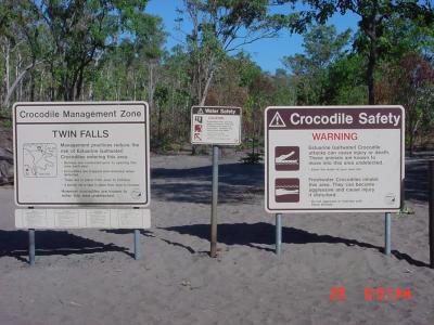Croc warning signs.  Luckily they don't usually go on top of the escarpment