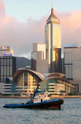 Tug boat with pastel colored skyscraper tone.jpg