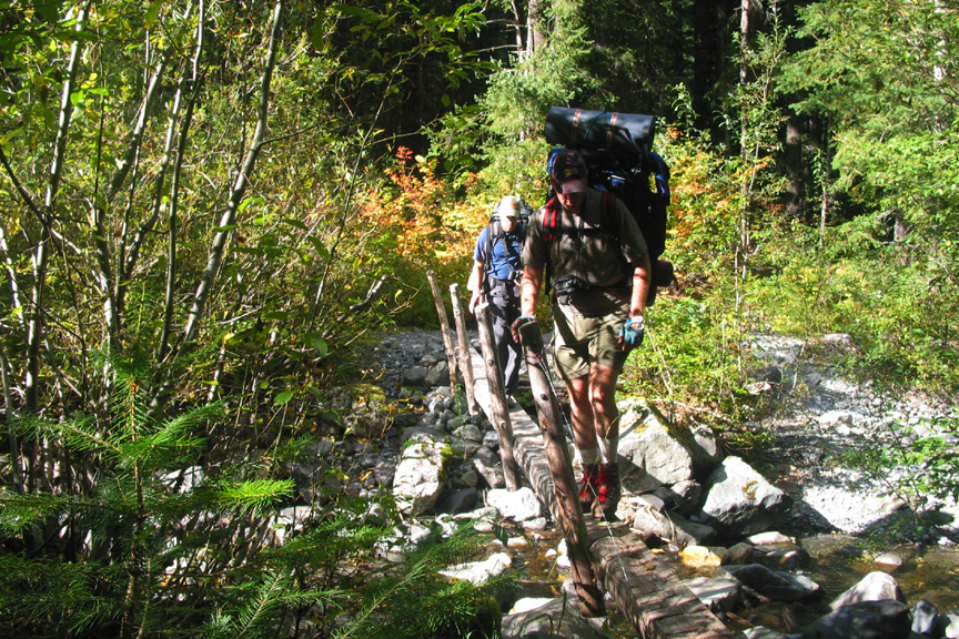 Scott and Carol head across one of the many log bridges
