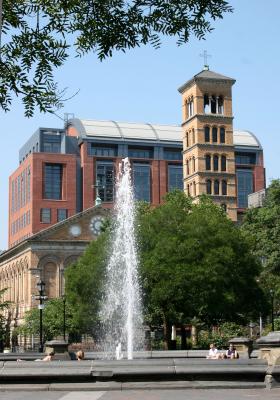 Fountain, Judson Church and NYU Law School  from Washington Square Park
