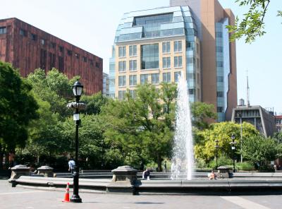 Washington Square Park Fountain, NYU Student Affairs and Library Buildings