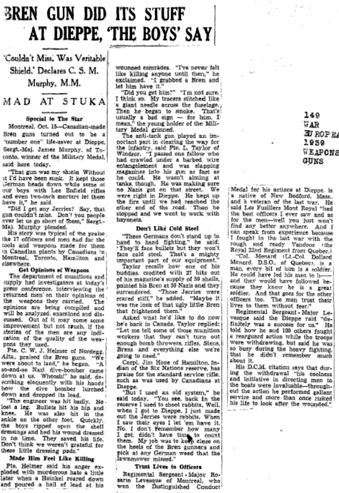 Newspaper clipping BREN GUN AT DIEPPE