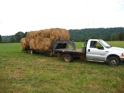 truck and trailer full of hay