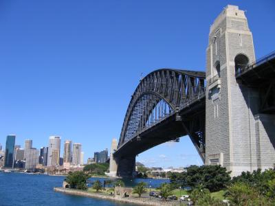 harbor bridge with city