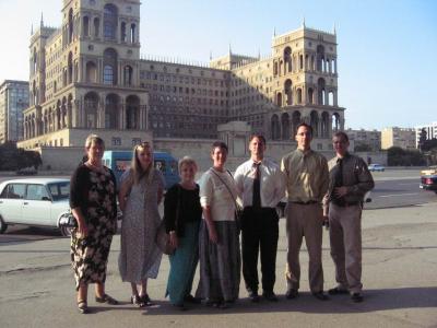Our group in front of an important building in Baku.  Must look up the name of this.